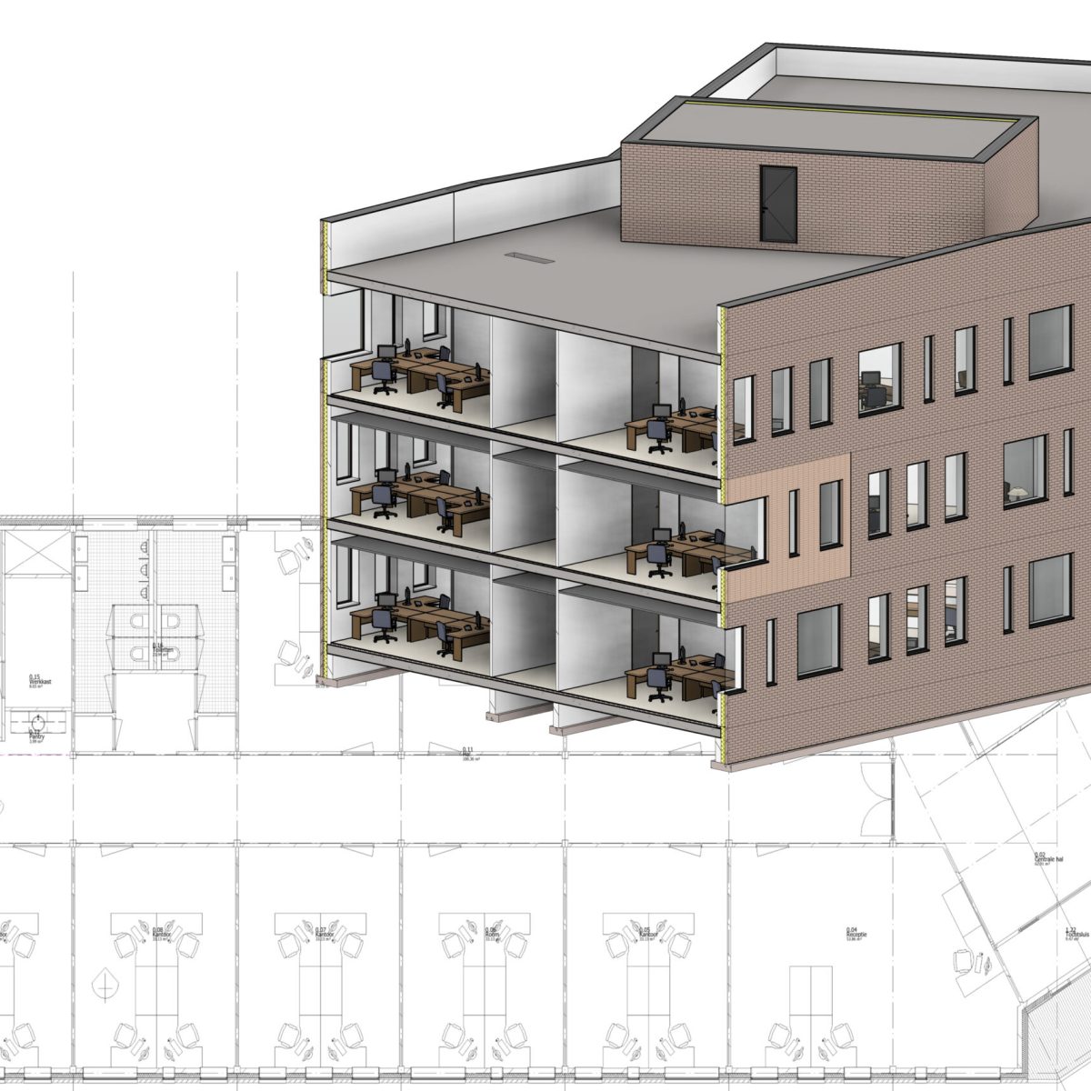 A building in 3D on a construction drawing. In the top left corner is an empty space for your logo, text or something else.